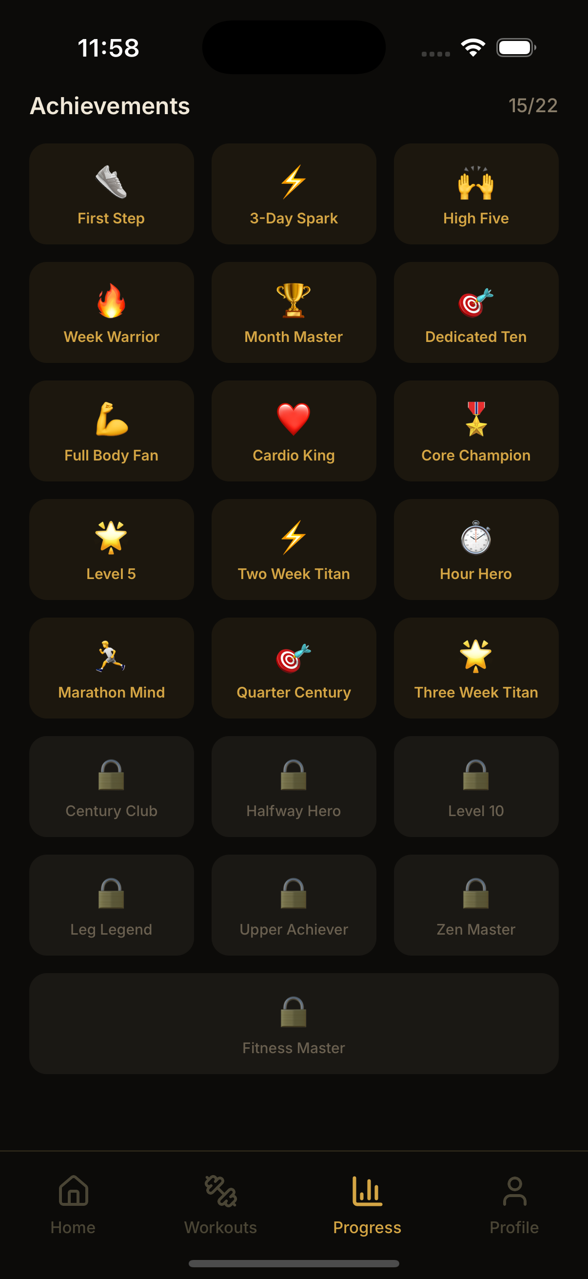 FitStreak achievements screen showing 15 of 22 unlocked badges including Week Warrior and Month Master