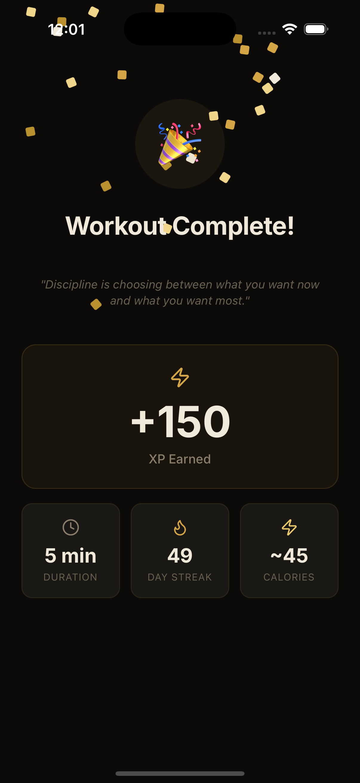 FitStreak workout complete celebration with +150 XP earned and confetti