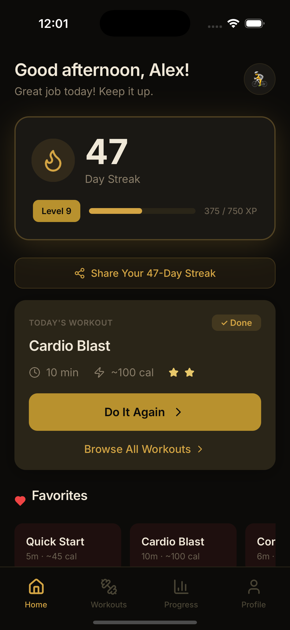 FitStreak home screen showing 47-day streak, Level 9, and XP progress bar