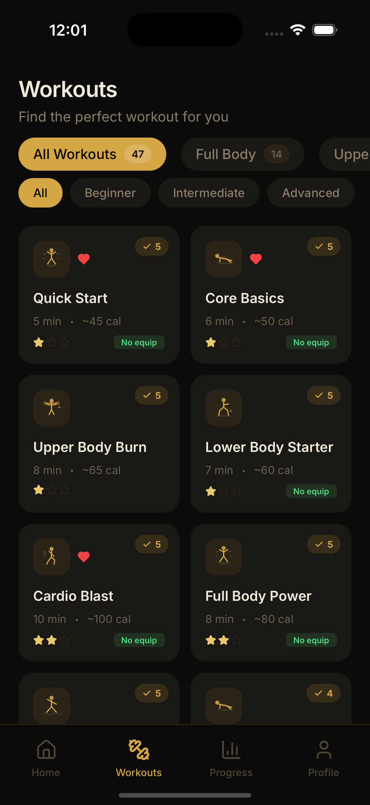 FitStreak workout library with bodyweight routines: full body, core, cardio, stretching